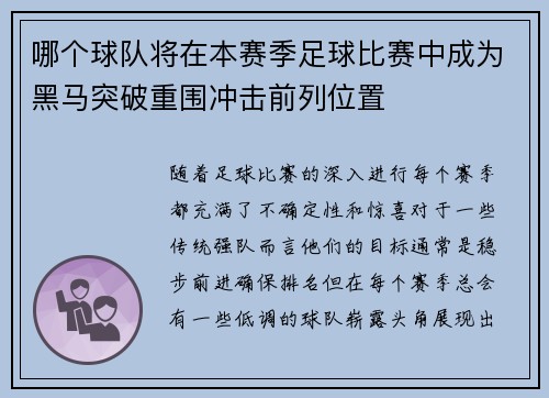 哪个球队将在本赛季足球比赛中成为黑马突破重围冲击前列位置