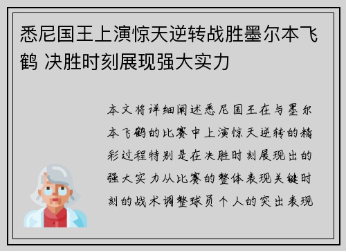 悉尼国王上演惊天逆转战胜墨尔本飞鹤 决胜时刻展现强大实力