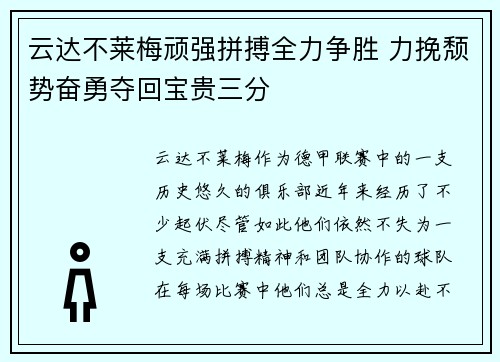 云达不莱梅顽强拼搏全力争胜 力挽颓势奋勇夺回宝贵三分 云达不莱梅顽强拼搏全力争胜 力挽颓势奋勇夺回宝贵三分