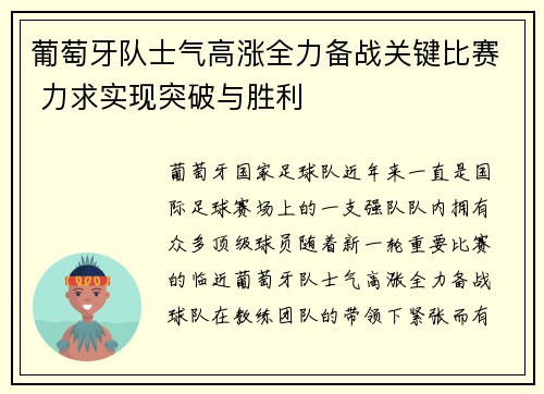 葡萄牙队士气高涨全力备战关键比赛 力求实现突破与胜利